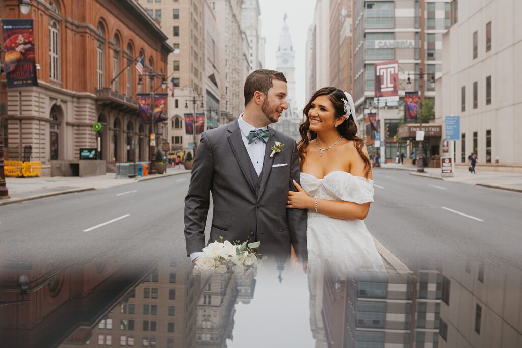 Bride and groom downtown wedding portrait