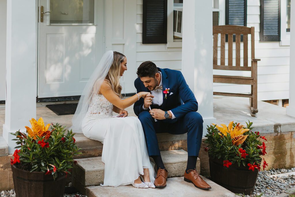 Bride and groom reading private vows, intimate backyard wedding in NJ