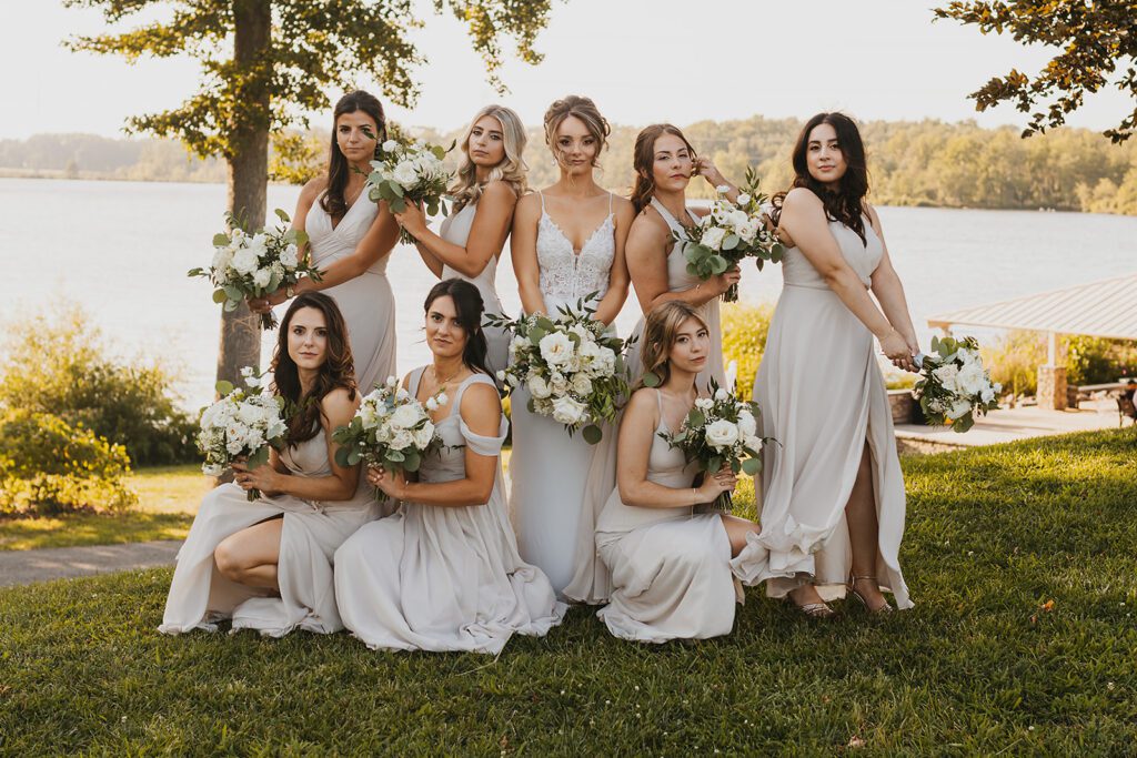 Elegant bride and bridesmaids, bridesmaids wearing blush bridesmaid dresses