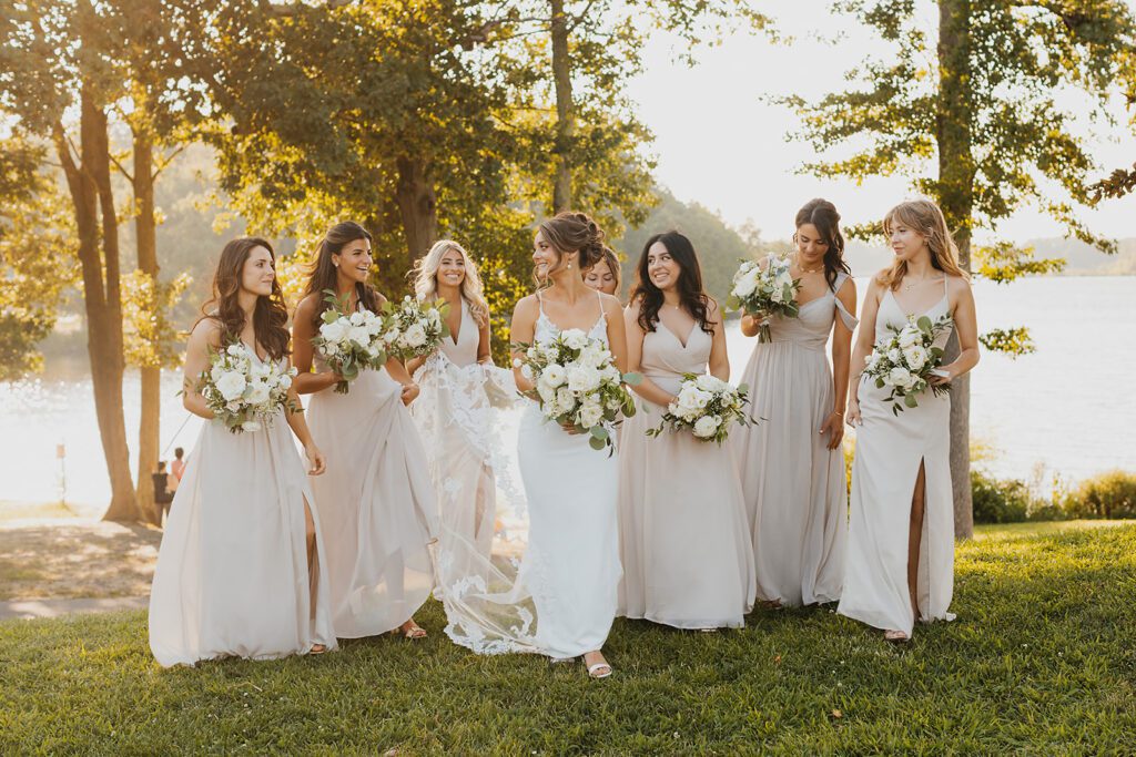 Elegant bride and bridesmaids, bridesmaids wearing blush bridesmaid dresses