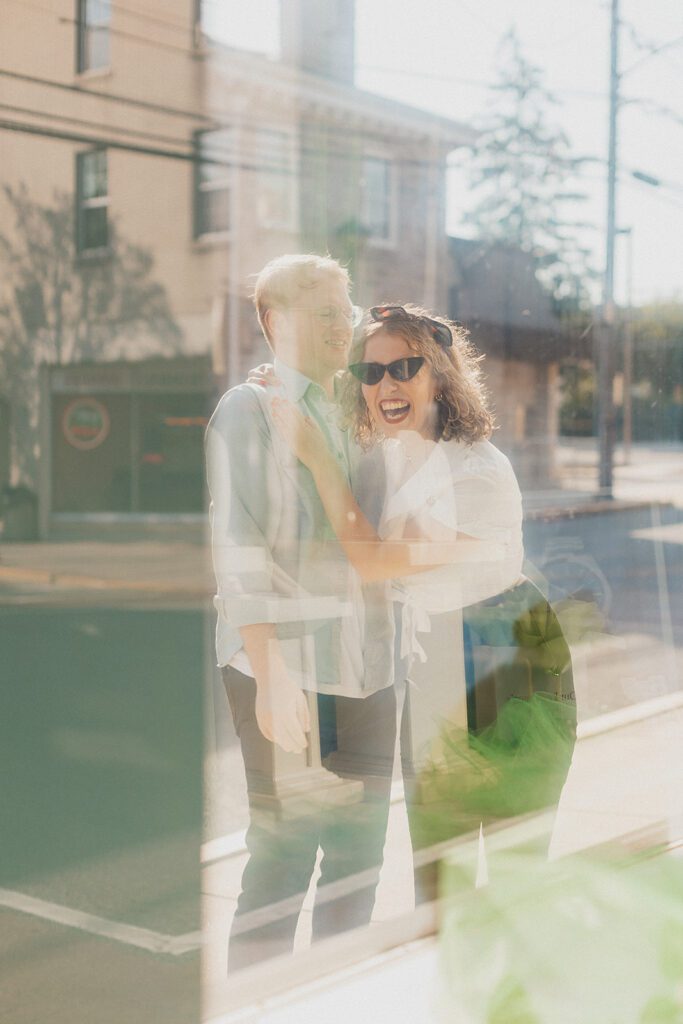 50s style downtown engagement photos