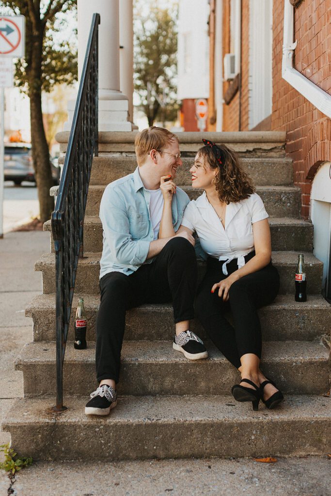 50s inspired downtown engagement photo