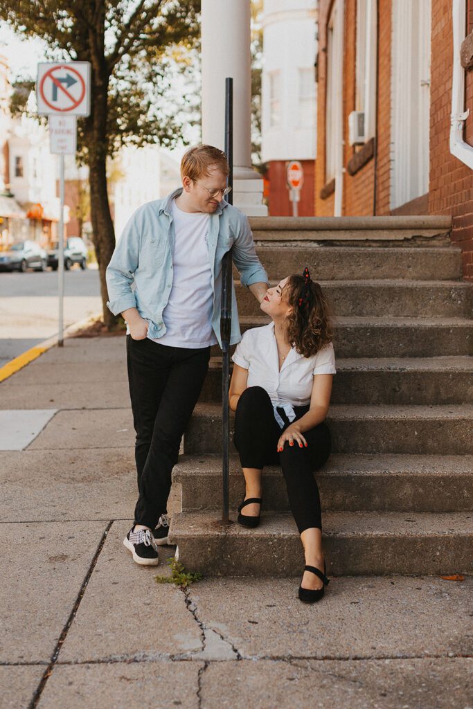 50s inspired downtown engagement photo