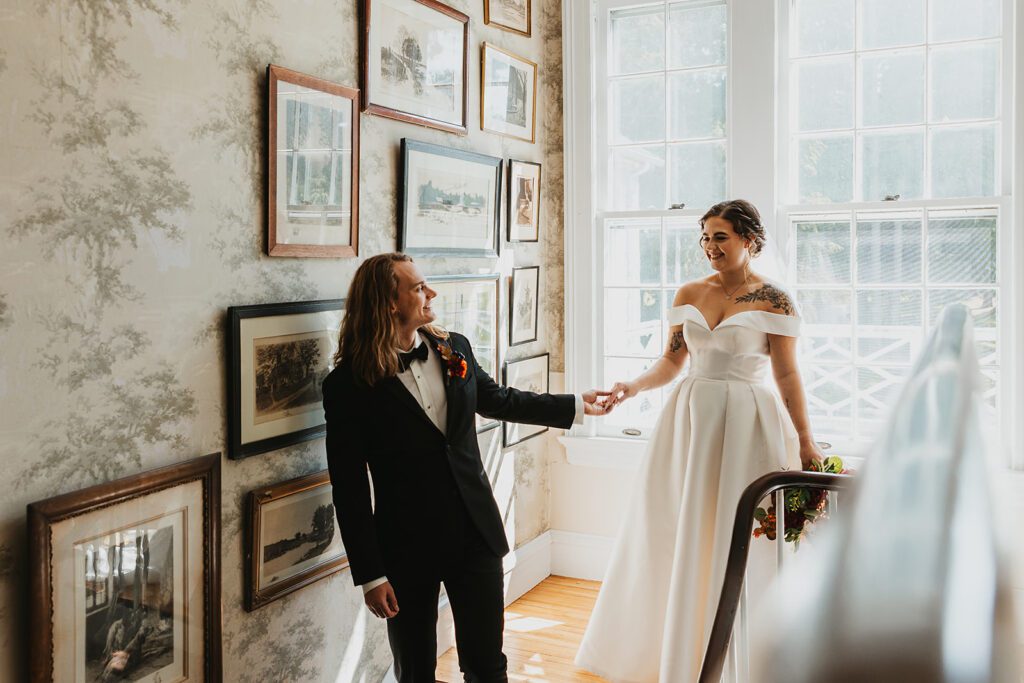 bride and groom portraits inside Centennial Farm Manor, an upstate new york wedding venue