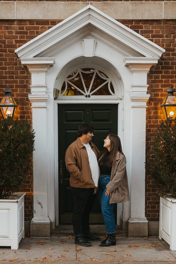 Alexa and Joes fall engagement photos with historic manor in their backdrop