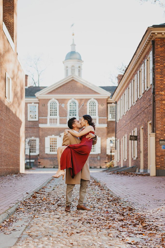 A tender embrace captured between Megan and Luis, set against the charming streets of Old City Philadelphia