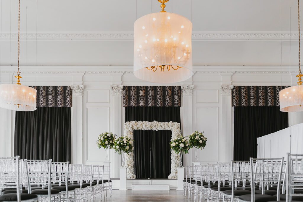 elegant wedding ceremony set up indoors