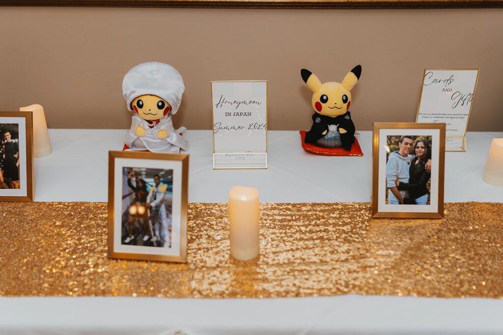 fun wedding detail set up of bride and groom pikachu