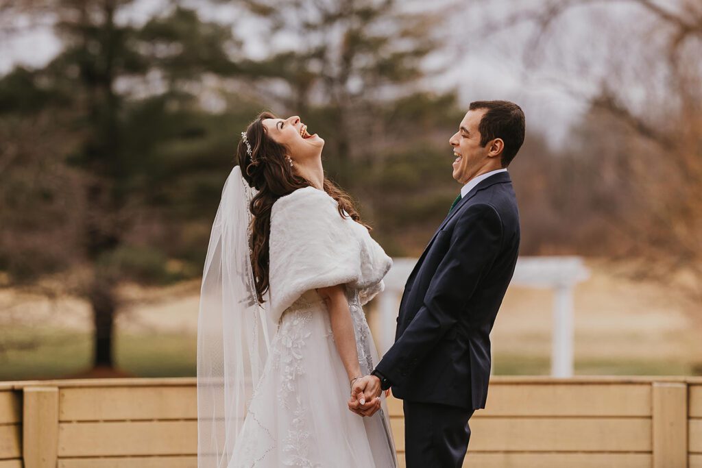 bride and groom winter wedding portrait outdoors at Birch Hill Estates, NY