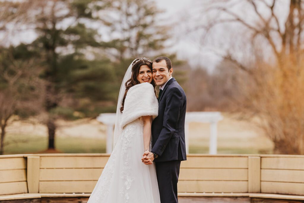 bride and groom winter wedding portrait outdoors at Birch Hill Estates, NY