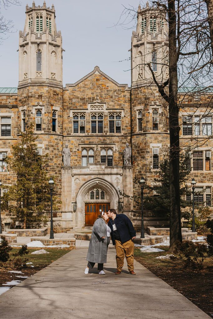 playful and romantic outdoor engagement photos with Lehigh University in the background