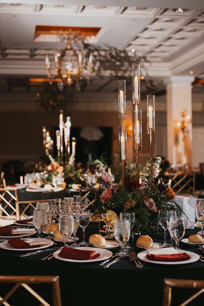 elegant and moody wedding reception set up at the Palace at Somerset Park, NJ