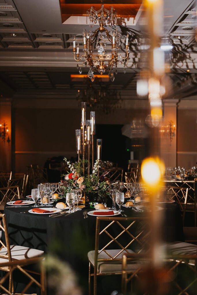 elegant and moody wedding reception set up at the Palace at Somerset Park, NJ