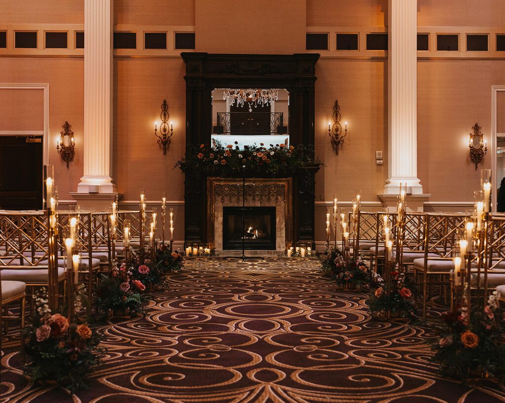 elegant and moody wedding ceremony set up at the Palace at Somerset Park, NJ