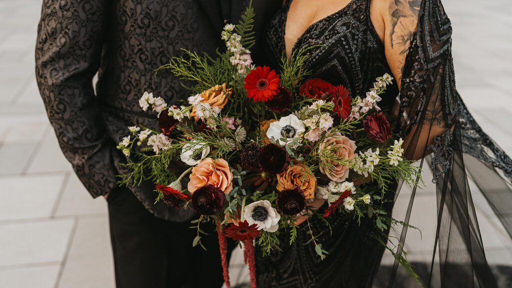 moody wedding bouquet with dark flowers