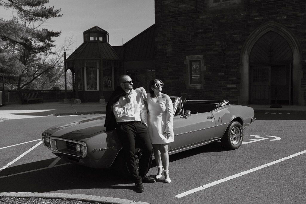 fun and playful vintage car engagement photos in Princeton NJ