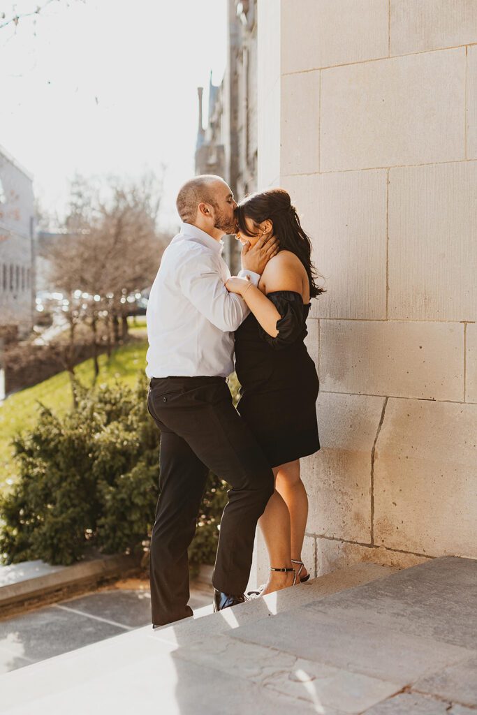 playful couple roaming the historic streets of Princeton NJ for their engagement session