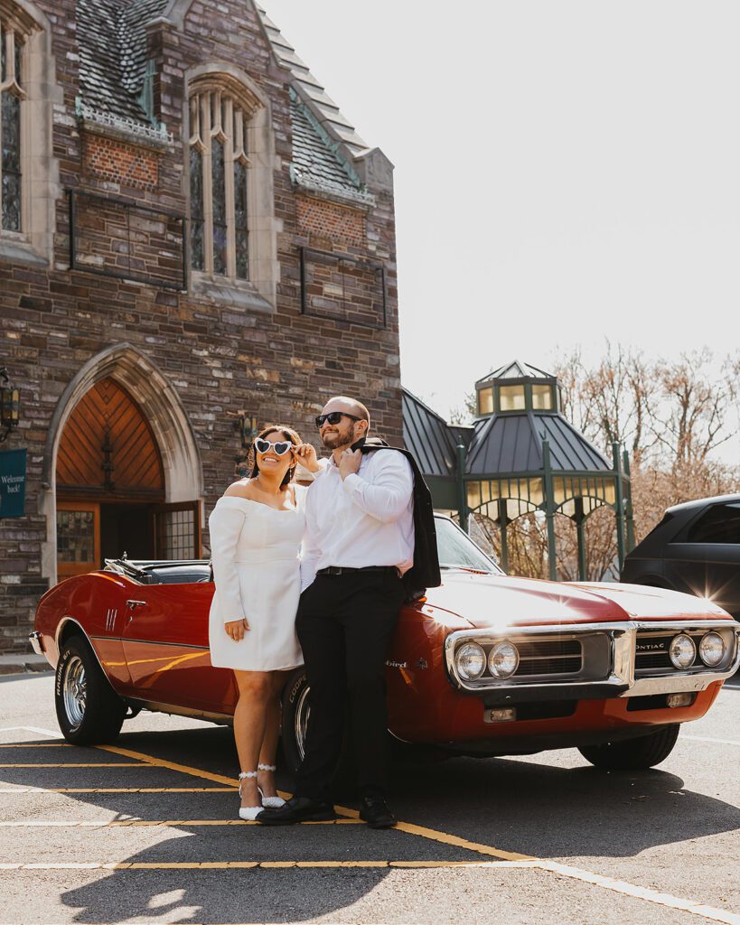 retro car engagement photos