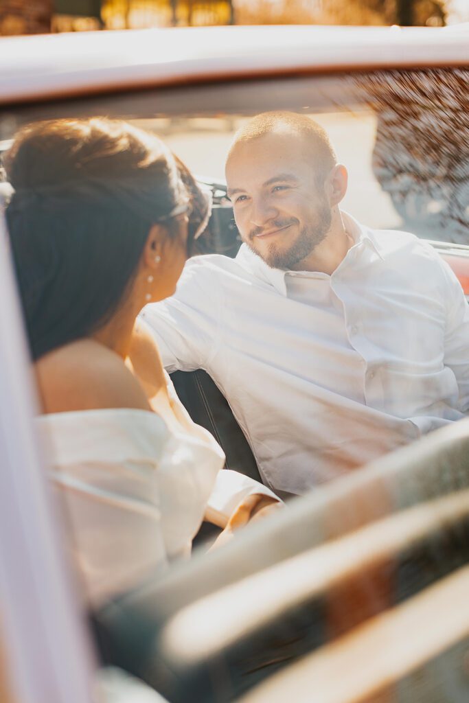 retro car engagement photos