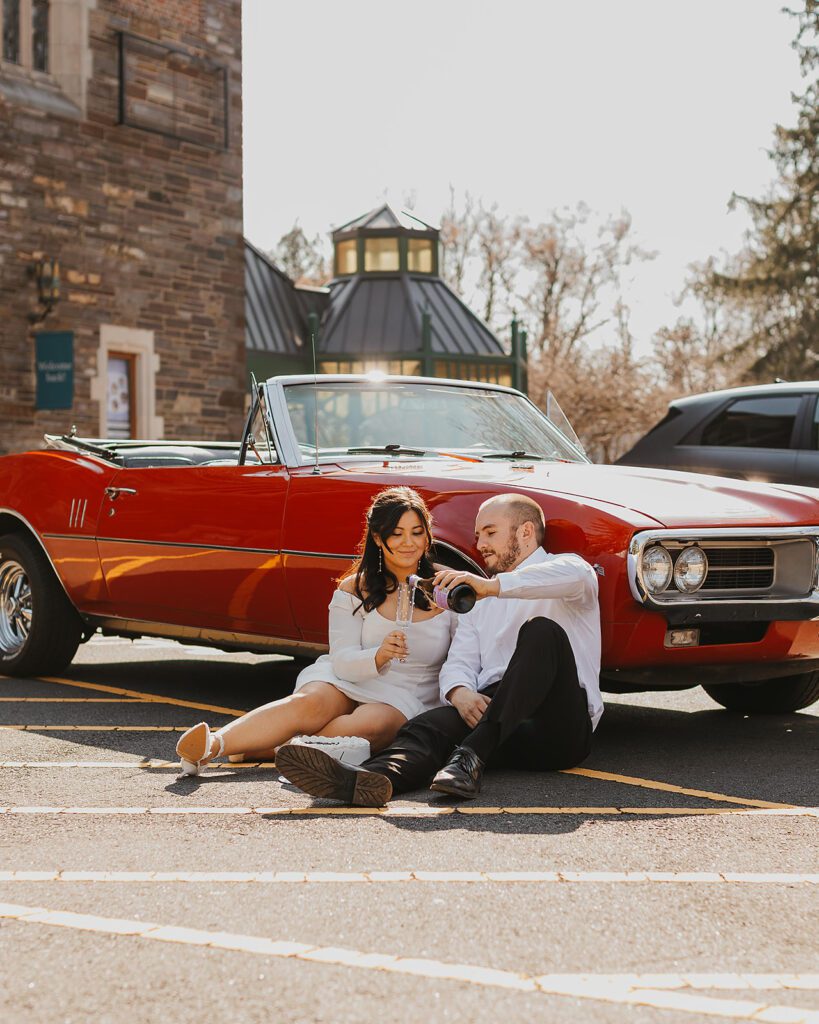 retro car engagement photos