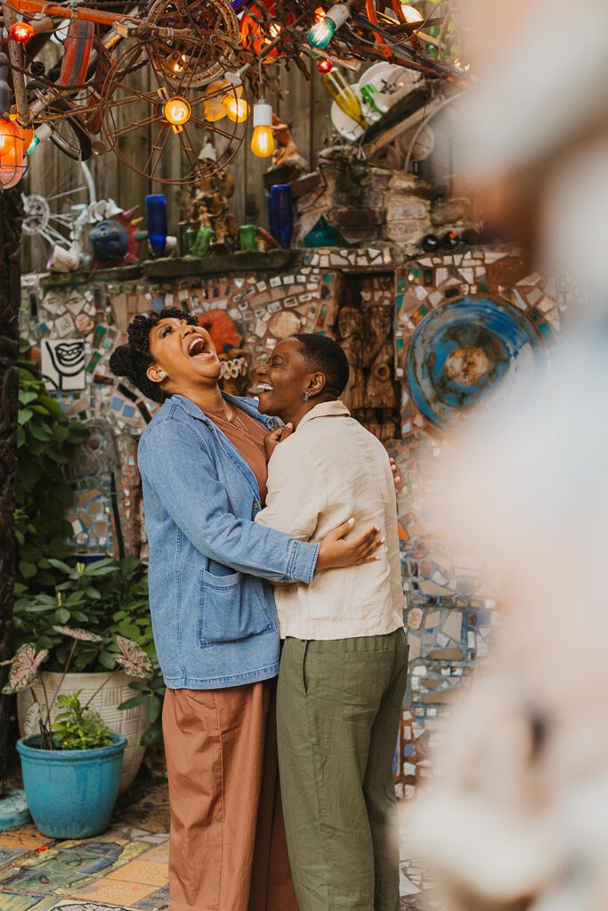 colorful lgbtq engagement photos in magic gardens, philadelphia