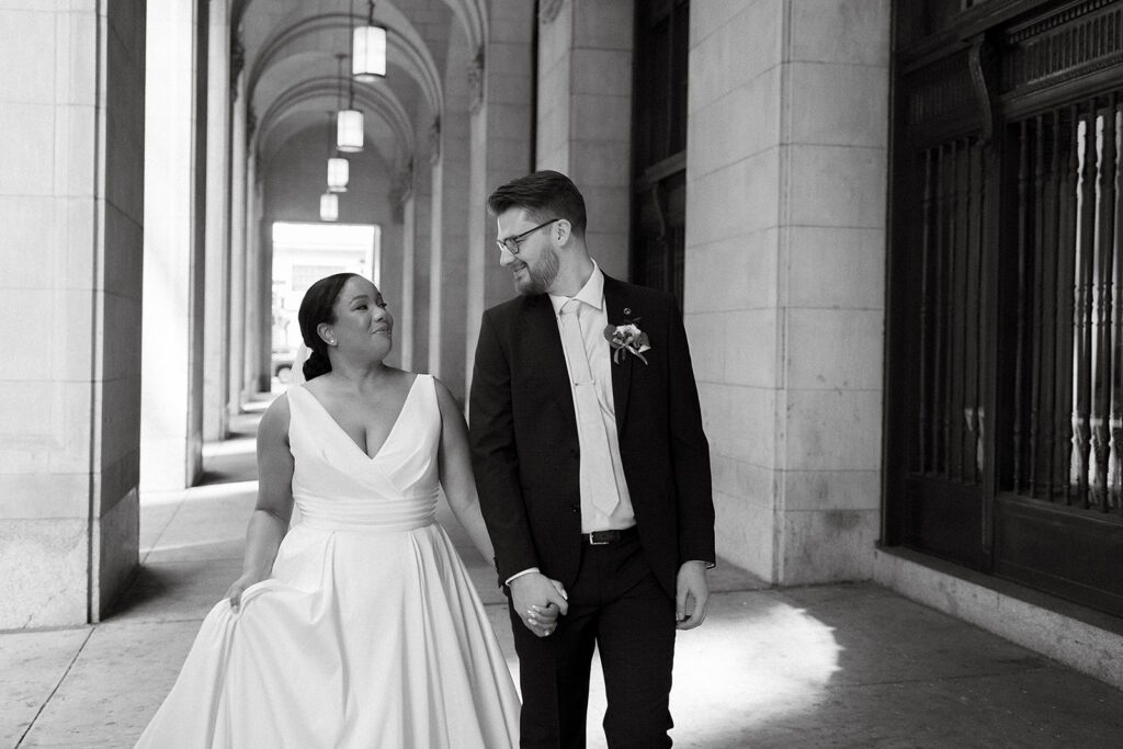 bride and groom in downtown philadelphia