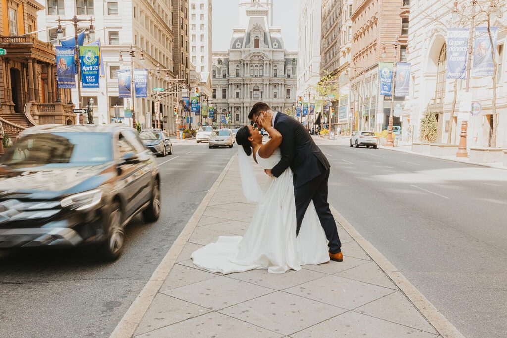 bride and groom in downtown philadelphia