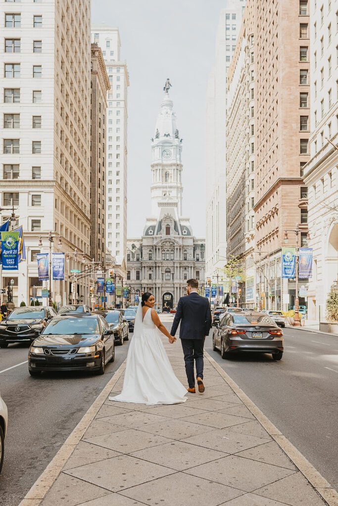 bride and groom in downtown philadelphia