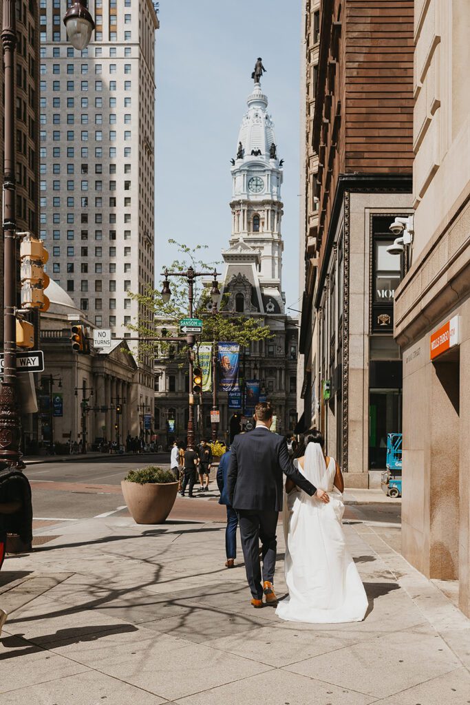 bride and groom in downtown philadelphia