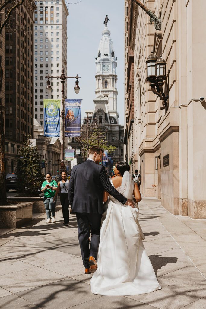 bride and groom in downtown philadelphia