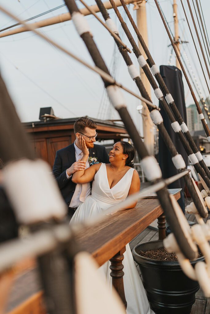 elegant bride and groom on Moshulu for their elegant boat wedding  in Philadelphia