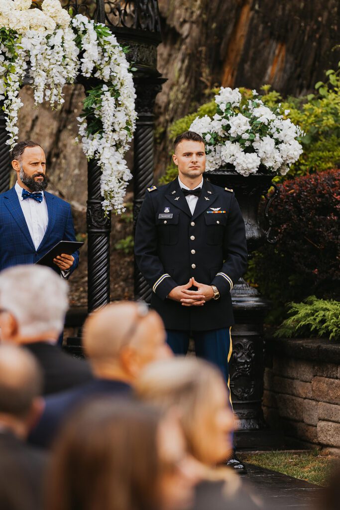 emotional groom during the wedding ceremony at Stroudsmoor Country Inn