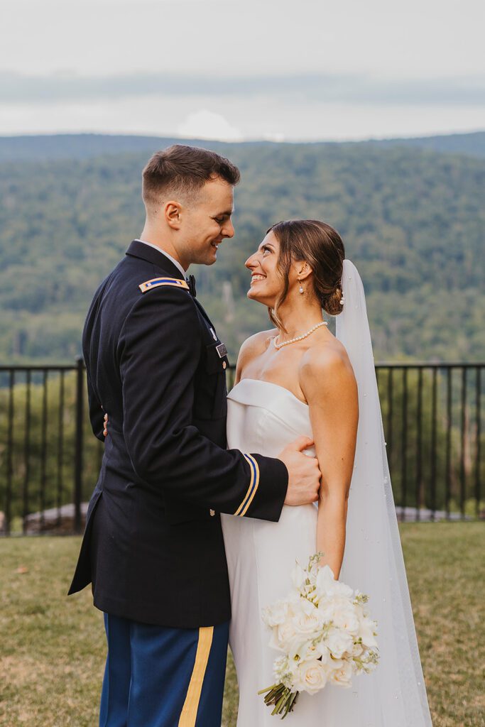 candid and playful bride and groom portraits during their Stroudsmoor Country Inn wedding